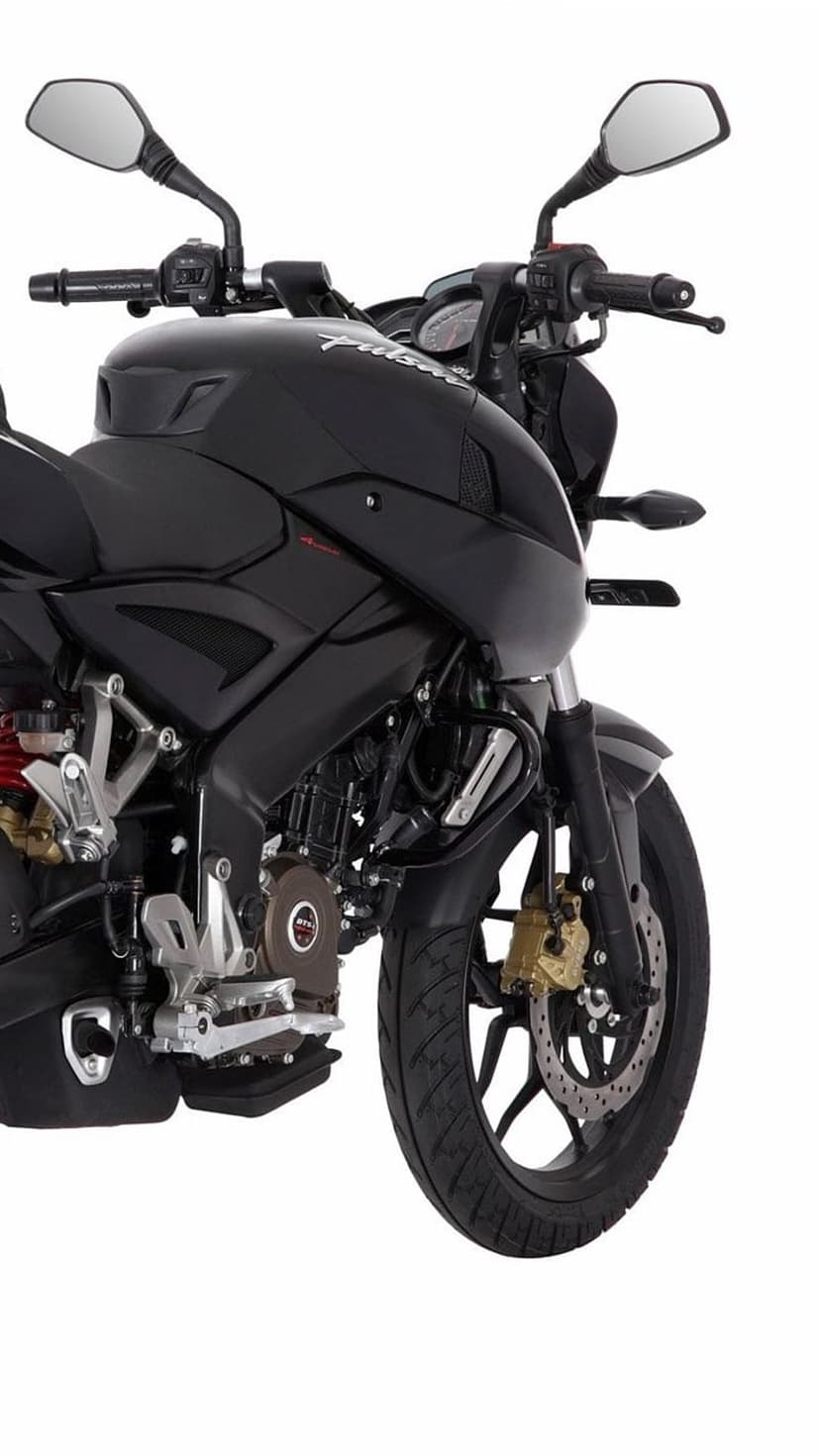 Black Bajaj Pulsar NS200 motorcycle featuring a front wheel disc brake and handlebars against a white background.