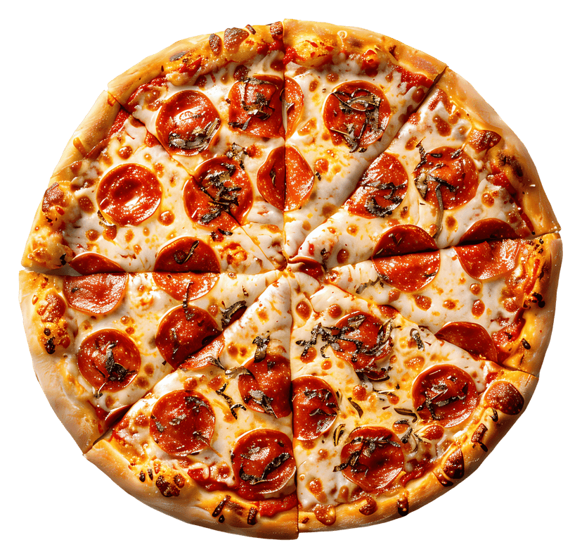 Pepperoni pizza with melted mozzarella cheese and toasted crust viewed from above on a clean background.