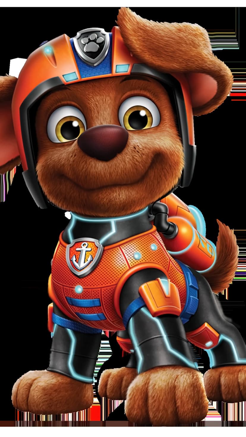 Rubble the bulldog wearing an orange water rescue suit with a blue helmet and glowing cyan light accents.