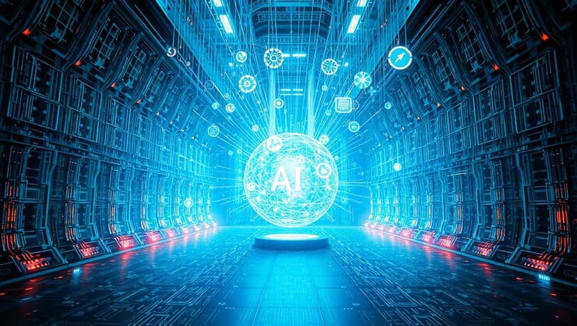 AI sphere with glowing text on a platform inside a neon blue and red circuitry tunnel with floating tech icons.