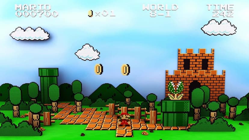 Small voxel Mario on a brick path in a 3D pixel art world with a castle, green pipe, and piranha plant.