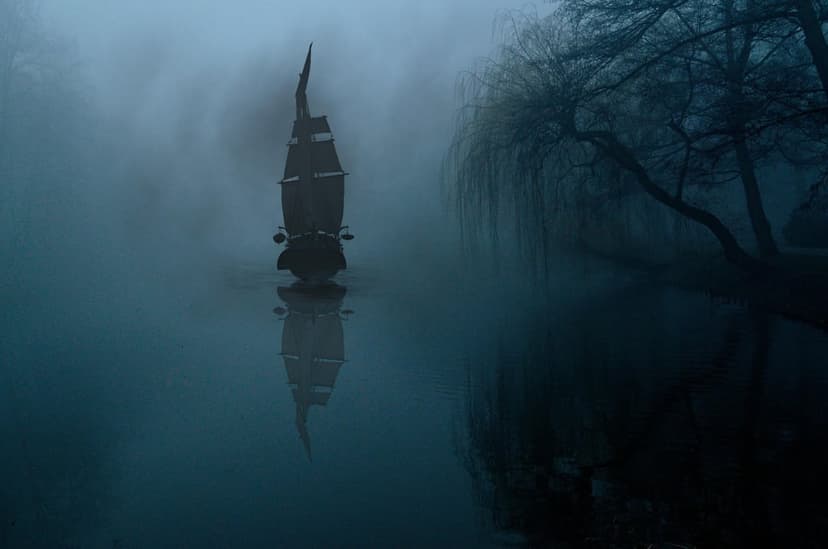 Dark sailboat silhouette on calm misty water with overhanging tree branches reflecting in the grey dawn.
