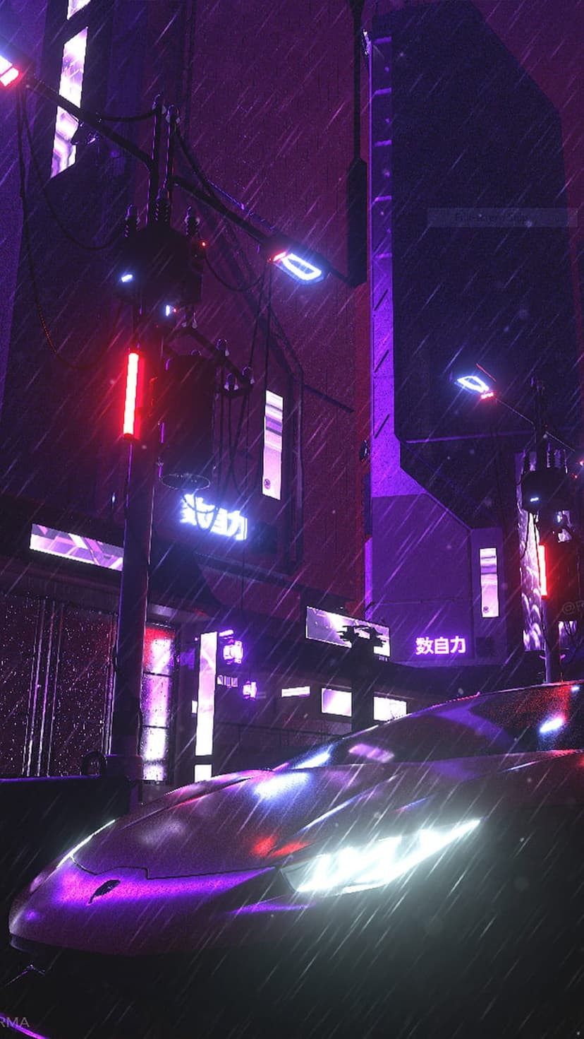 Sleek futuristic car drives on a wet asphalt street reflecting purple and blue neon city lights at night.