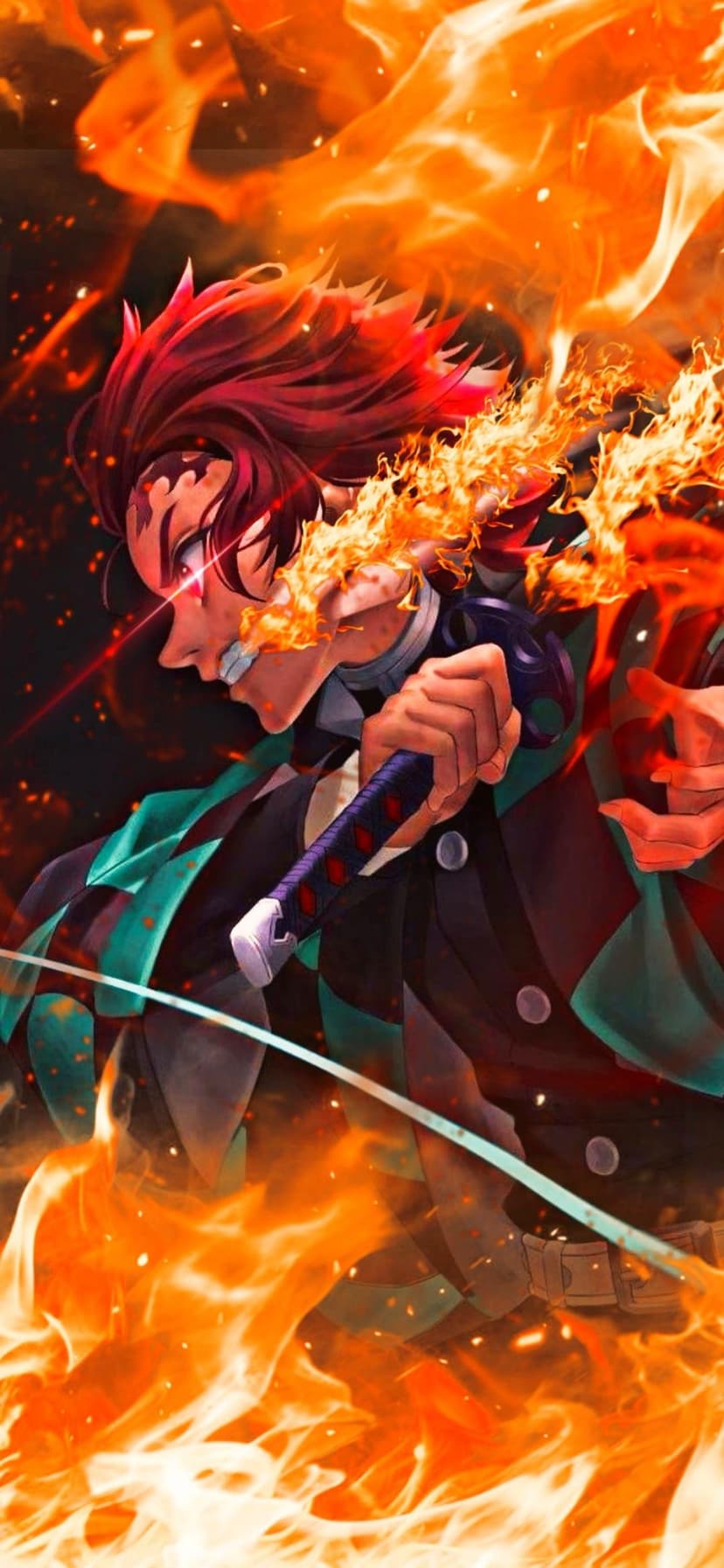 Crimson-haired warrior wielding a flaming katana while surrounded by bright swirling orange fire and embers.
