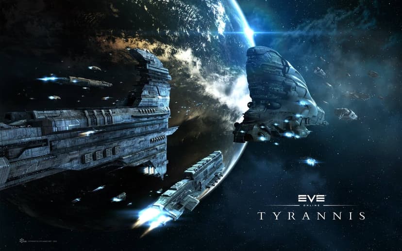 Large sci-fi capital ships with glowing blue engines orbit a planet in deep space with distant stars and nebula.