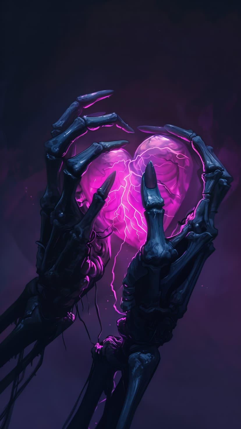 Skeletal hands hold a glowing pink heart with electric veins against a dark purple background.