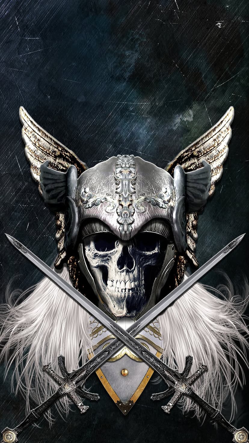 Viking skull in a golden winged helmet sits behind crossed swords and a round shield against a dark background.
