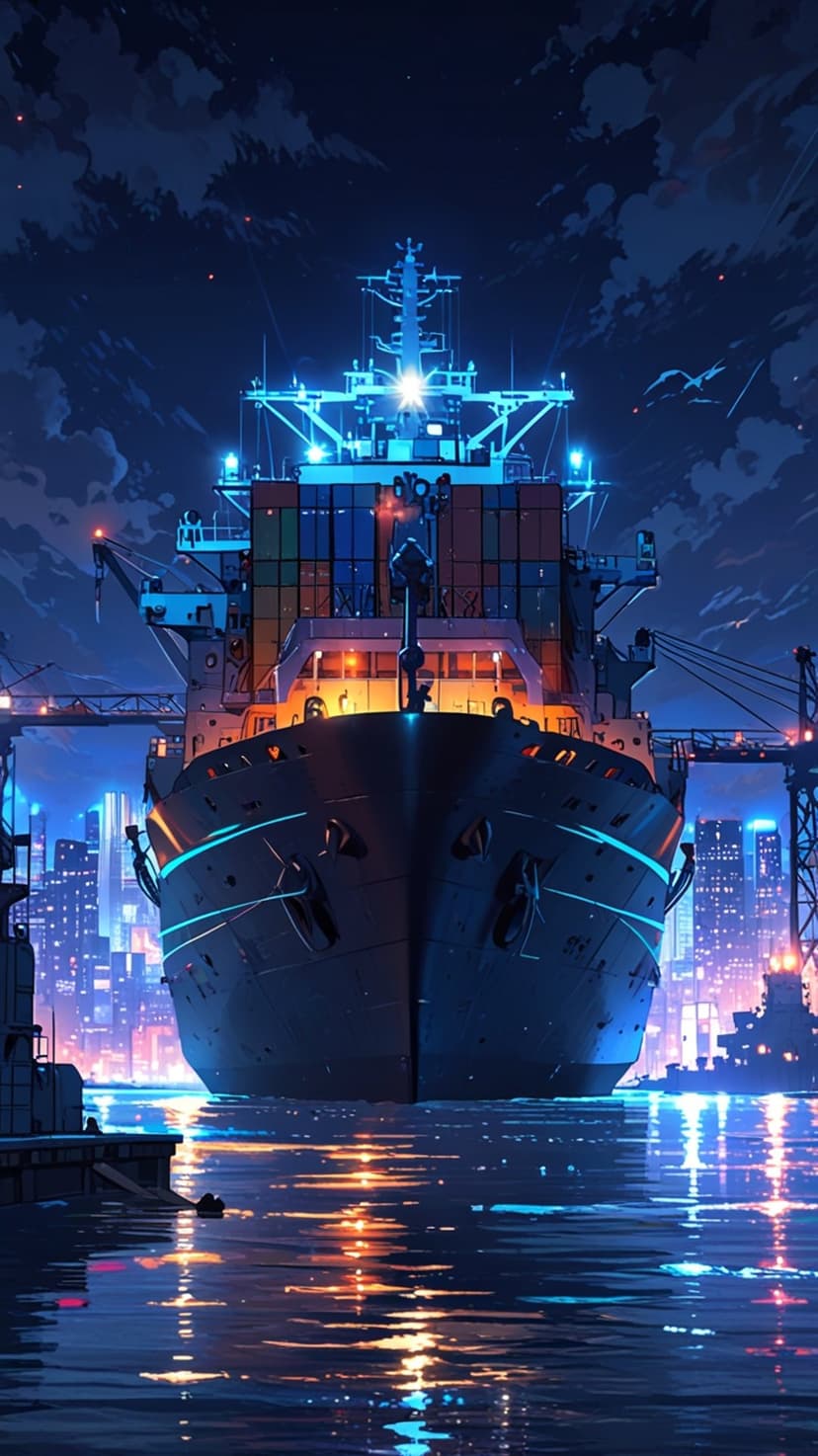 Giant cargo ship docked at a neon-lit urban harbor with crane silhouettes and colorful water reflections.