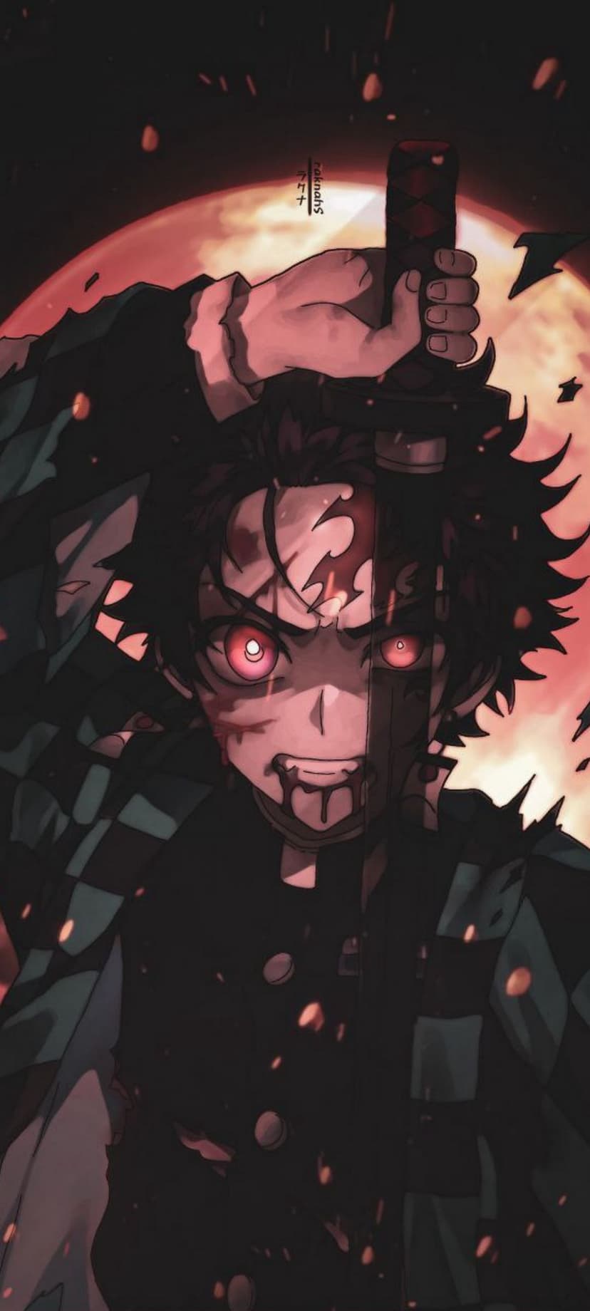 Tanjiro Kamado with glowing red eyes and a bloodied face holds a sword against a giant fiery red moon background.