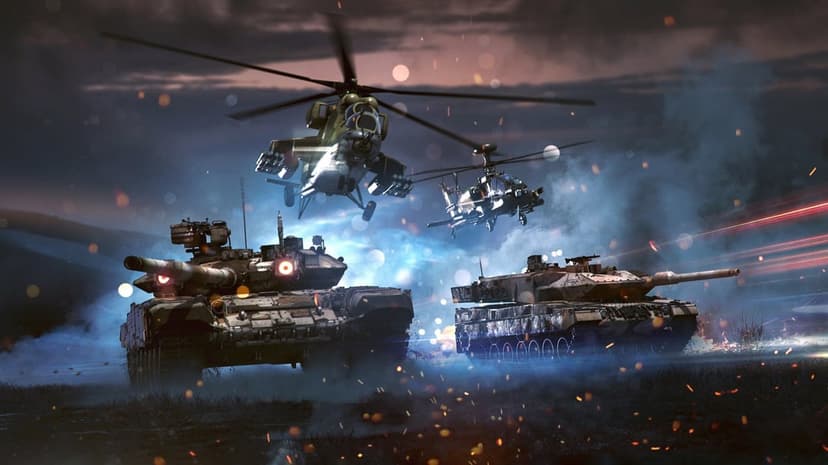 T-90 and Leopard 2 tanks advance through smoke under Mi-24 Hind and Apache helicopters in a dark scene.