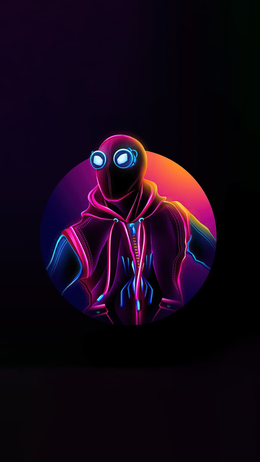 Spider-Man wears a black hoodie with glowing blue lenses and neon outlines against a purple and orange background.
