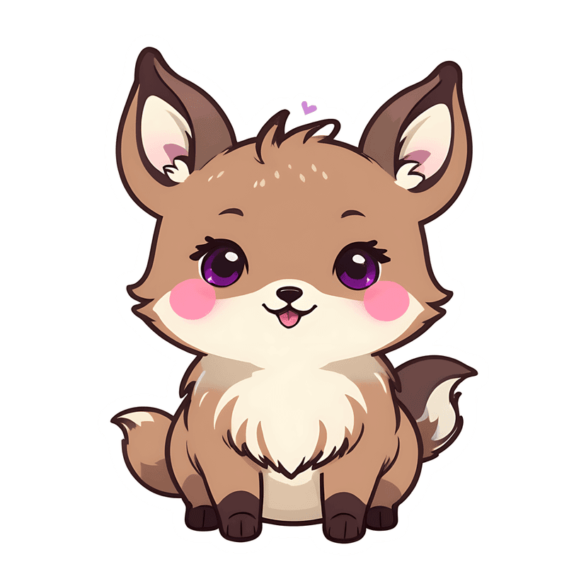 Brown fawn sticker with large purple eyes and pink cheeks sits forward against a clean white border outline.