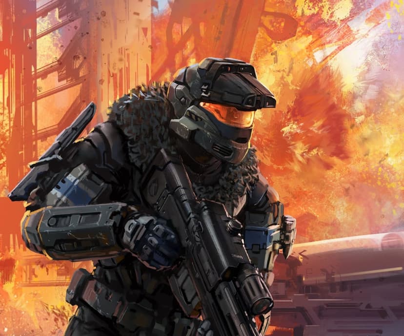 Armored soldier with a fur collar holds a rifle against a vibrant orange and yellow explosion backdrop.