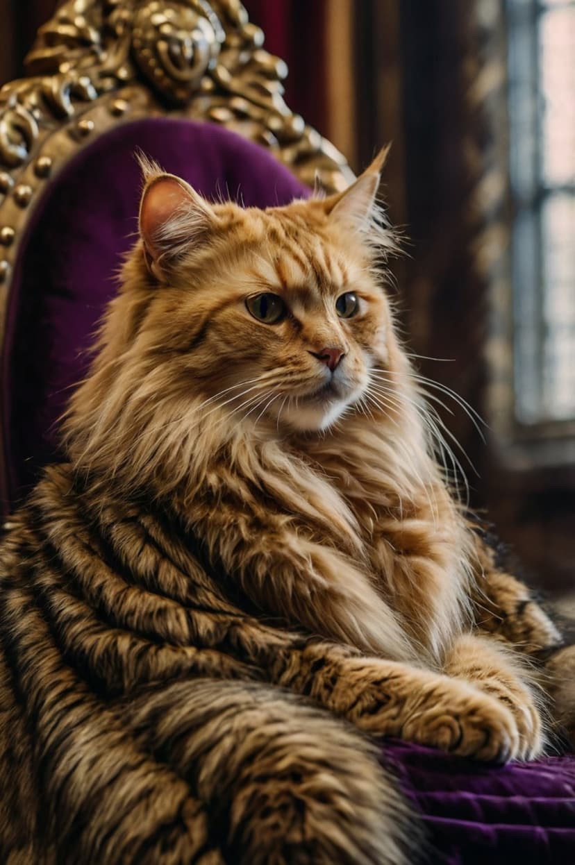 Orange tabby cat with green eyes sits on a violet velvet chair decorated with intricate golden filigree carvings.