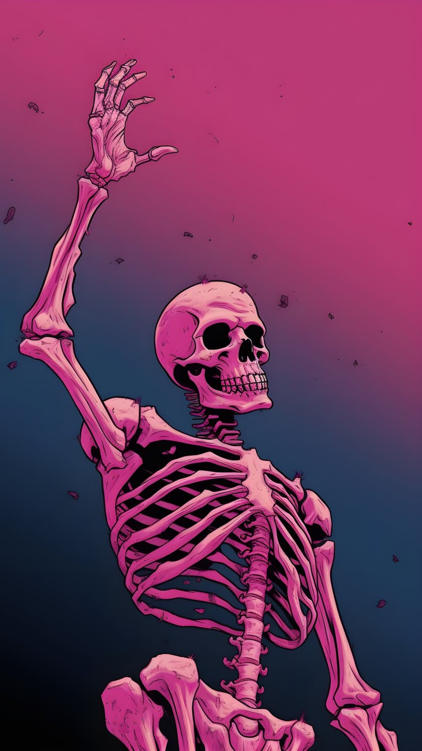 Pink skeleton reaching upward with one arm against a fuchsia to deep blue gradient background with dark speckles.