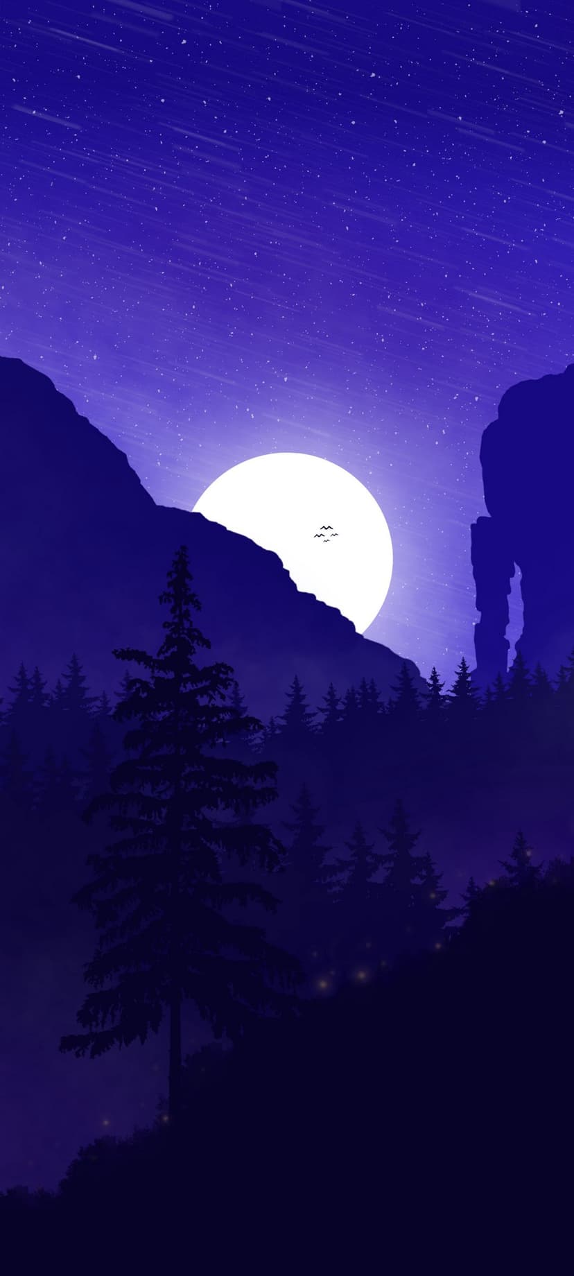 A large full moon rises over dark mountain silhouettes and a pine forest with glowing fireflies in the air.