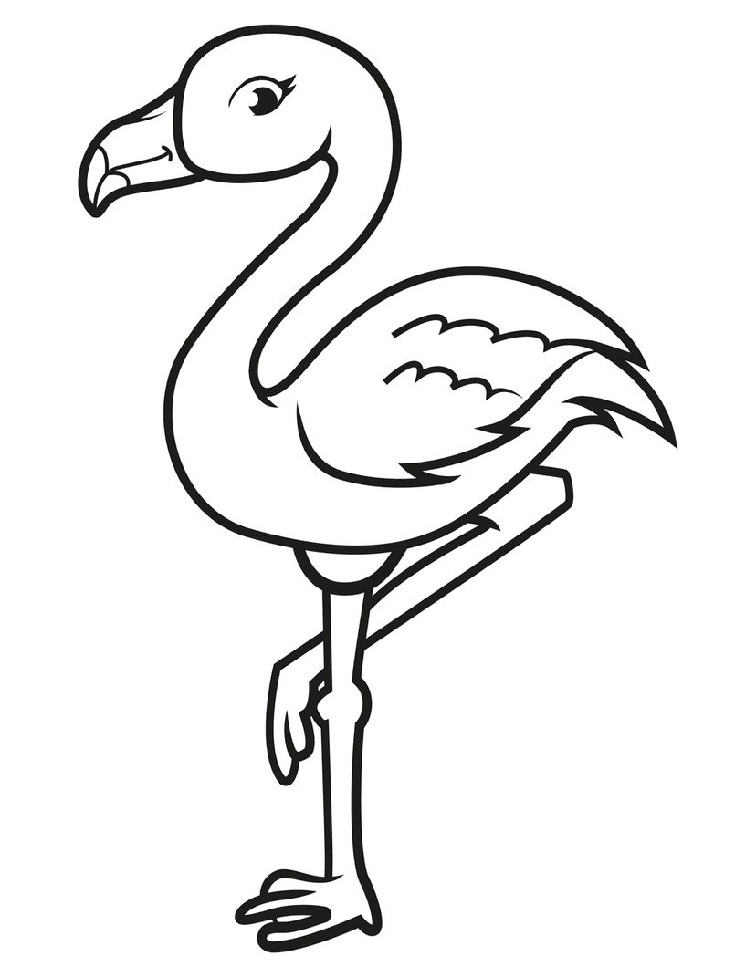Flamingo line art illustration showing a long-necked bird standing on one leg with thick black cartoon outlines.
