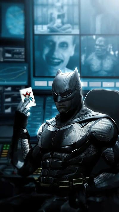 Batman Holds Joker Card in High-Tech Batcave