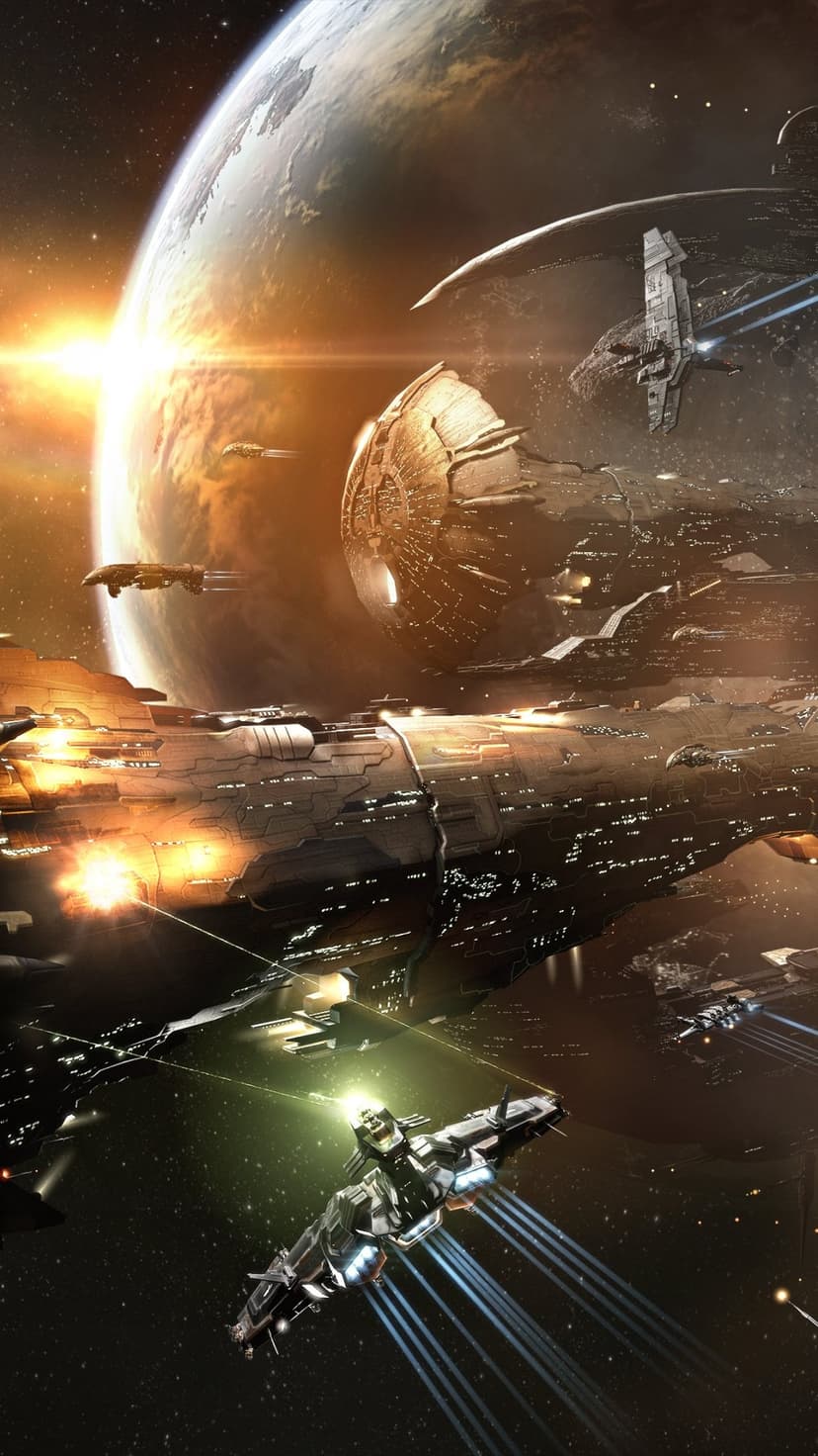 Giant bronze spaceships orbit a glowing orange planet during an epic cosmic battle with laser fire and stars.