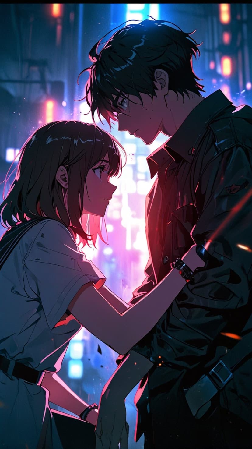 A young couple embraces tenderly as vibrant pink and blue neon city lights blur into a soft bokeh background.