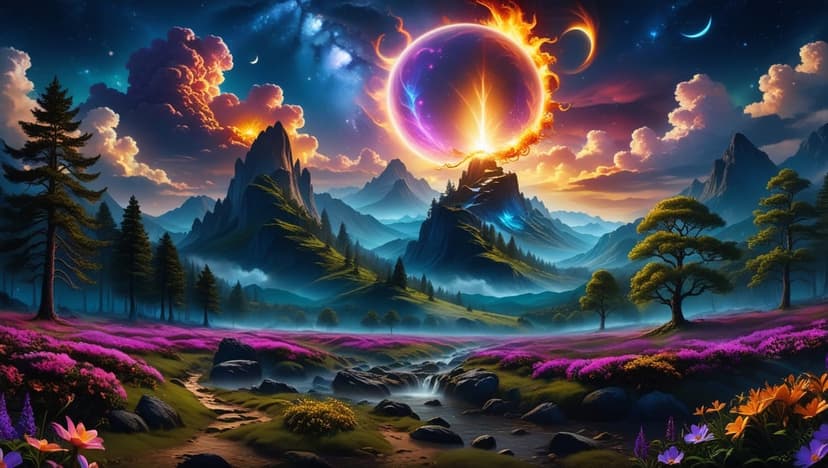 Radiant ringed eclipse shining over jagged violet flower fields and pine silhouettes near a winding stream.