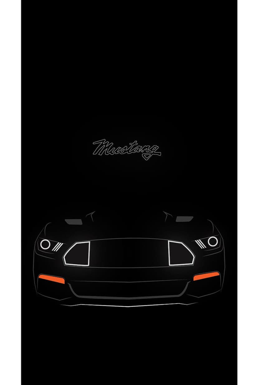 Ford Mustang front-end silhouette in white line art featuring the cursive logo on a solid black background.