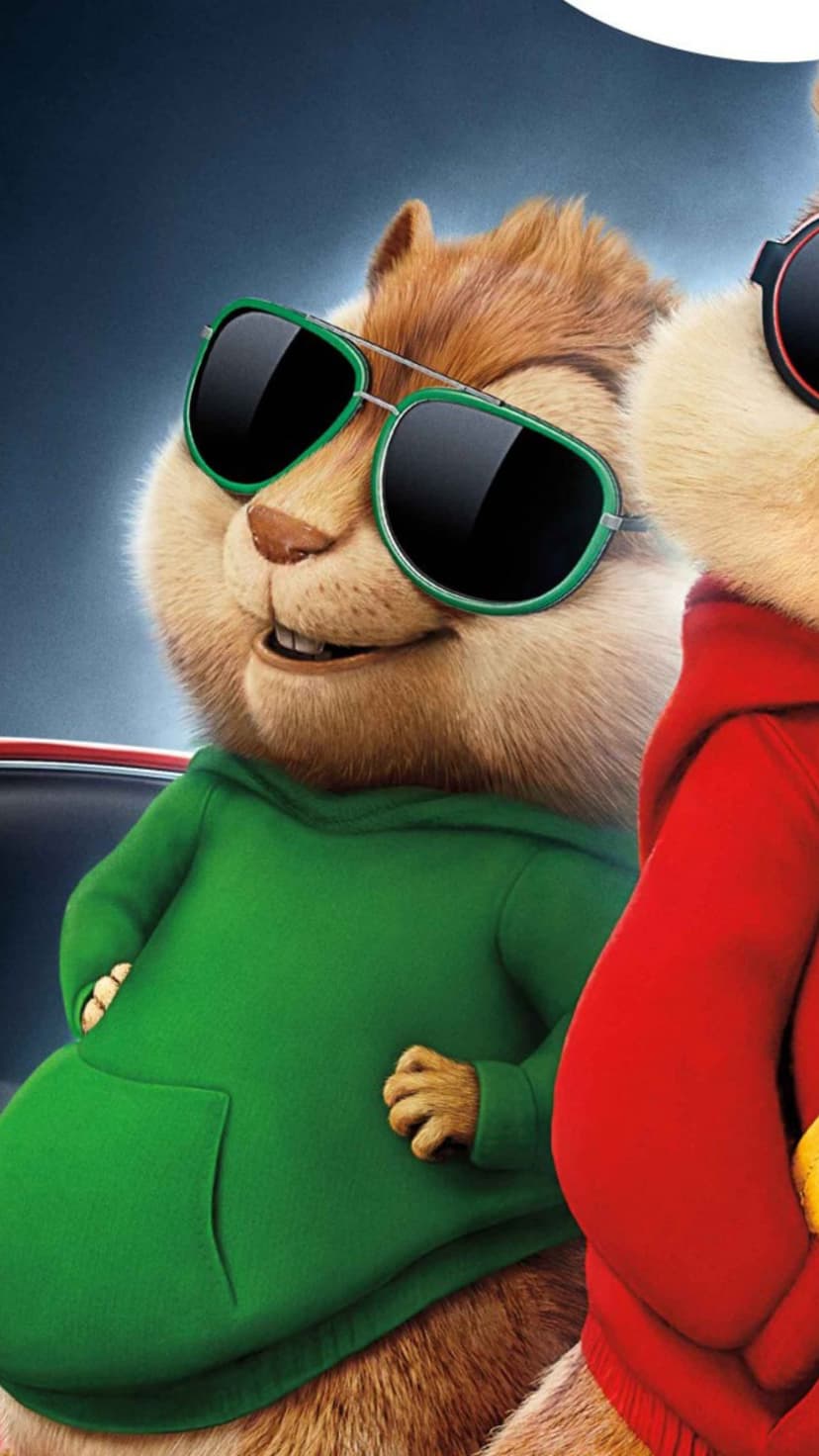 Alvin the Chipmunk wearing a green hoodie and green-rimmed sunglasses with a blurred red figure beside him.
