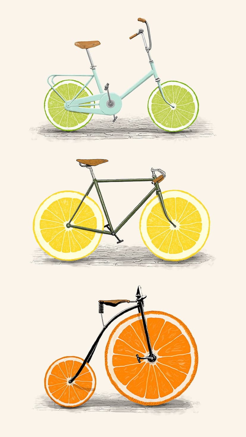 Three bicycles with lime, lemon, and orange slice wheels stacked vertically against a clean, minimalist backdrop.