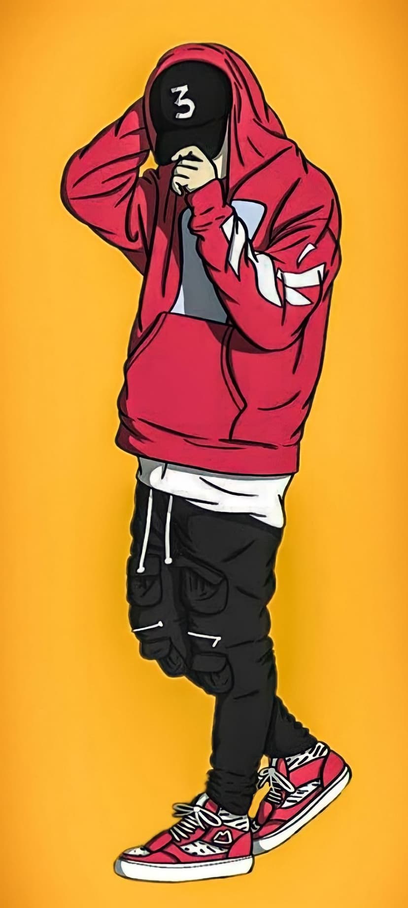 Faceless character in a red hoodie, black cargo pants, and red high-tops stands before a bright orange backdrop.