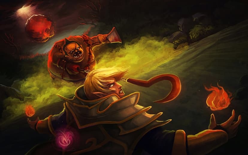 Blonde elf mage casting fire spells as a monstrous butcher throws a hook in a dark, atmospheric forest battle.