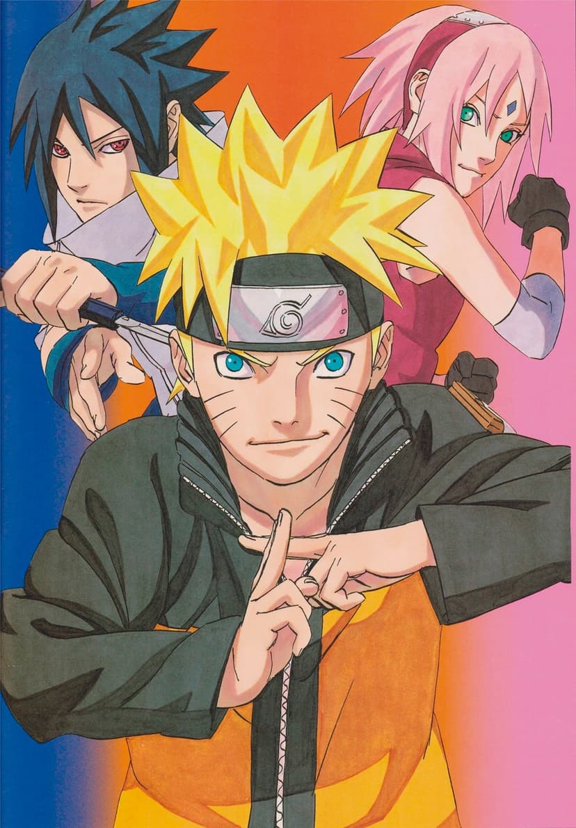 Naruto Uzumaki, Sasuke Uchiha, and Sakura Haruno pose together against a colorful, abstract ninja-themed background.