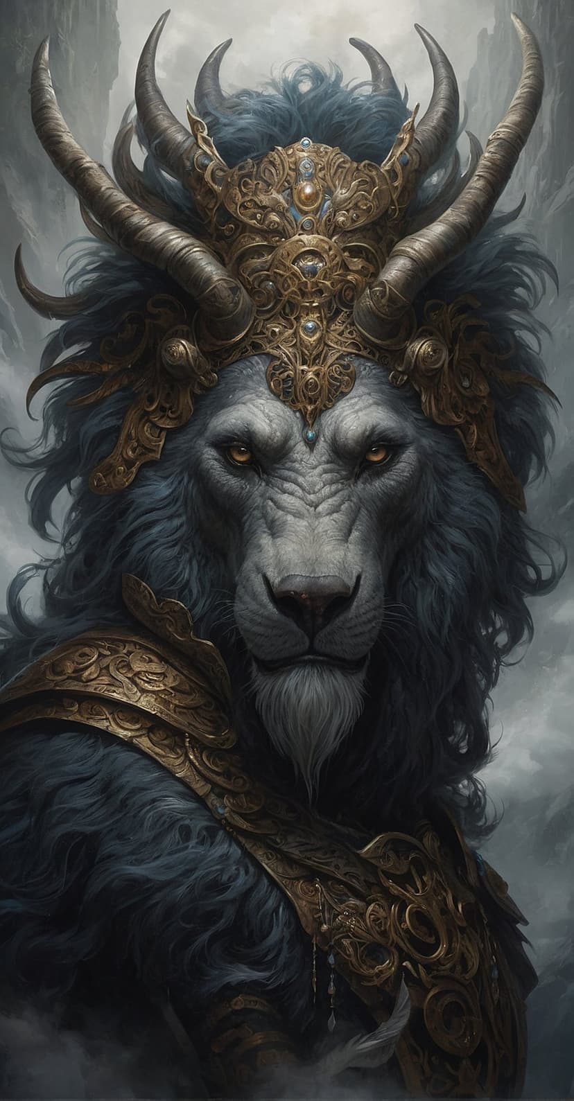 Lion warrior wearing detailed golden chest plate and curved horns against a hazy mountain landscape background.