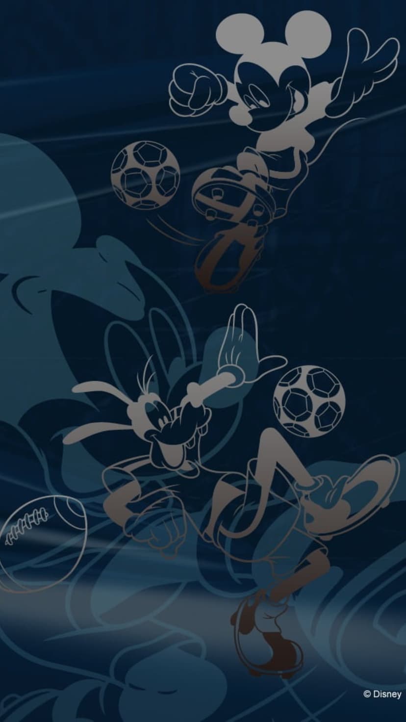 Mickey Mouse and Goofy play with a soccer ball and football against a dark blue background with glowing outlines.