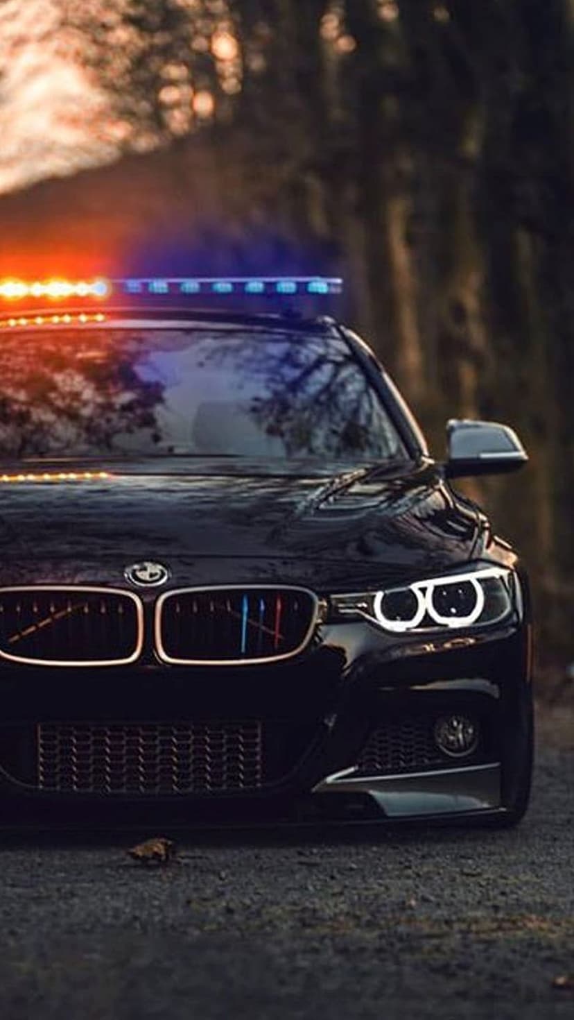 Black BMW police car with a lit emergency light bar parked in a blurred forest at dusk with glowing headlights.
