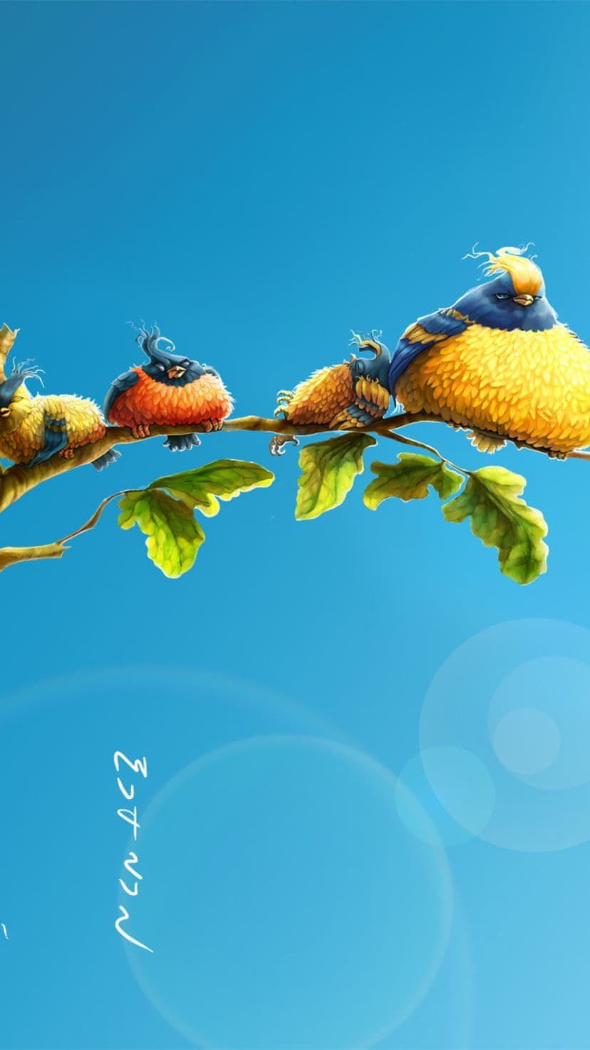 Plump orange and yellow songbirds huddle on a green leafy branch against a clear blue sky with soft light flares.