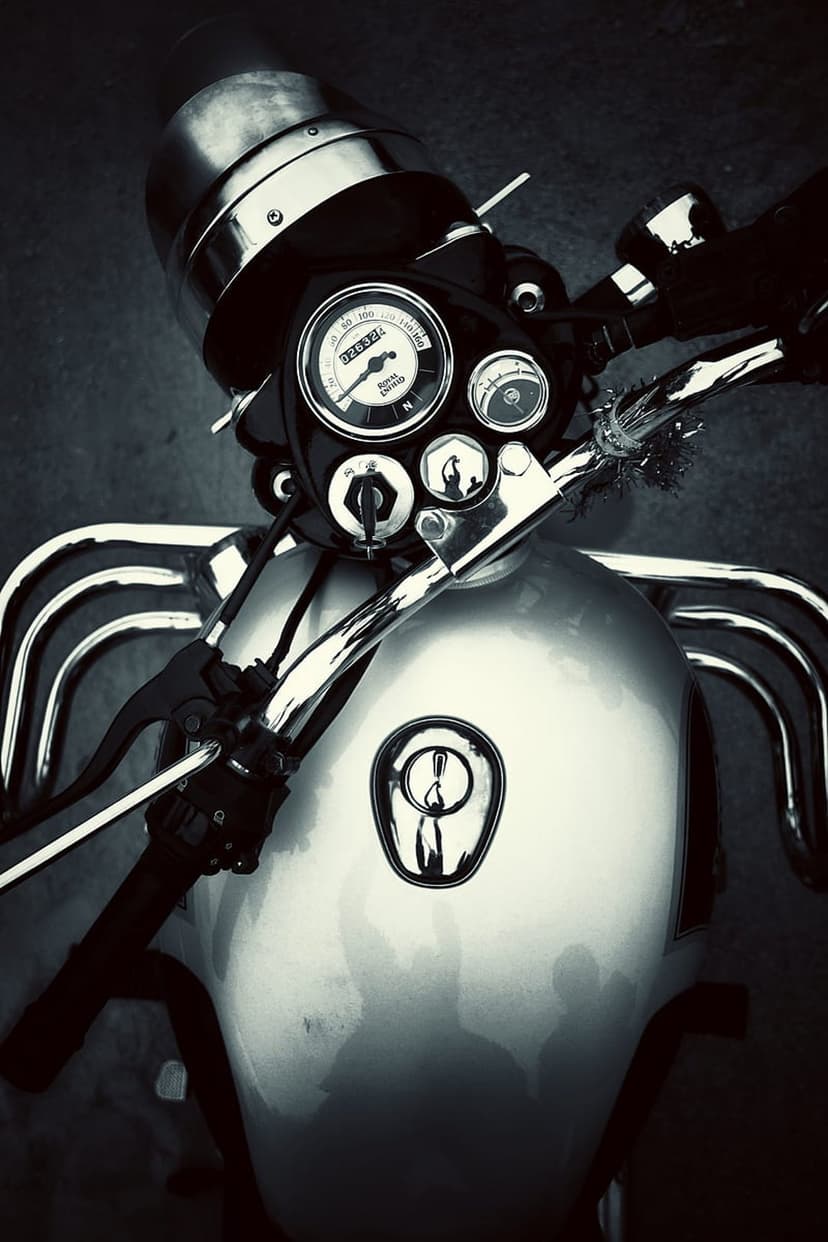 Vintage motorcycle speedometer and chrome handlebars featured in a high-contrast black and white close-up shot.