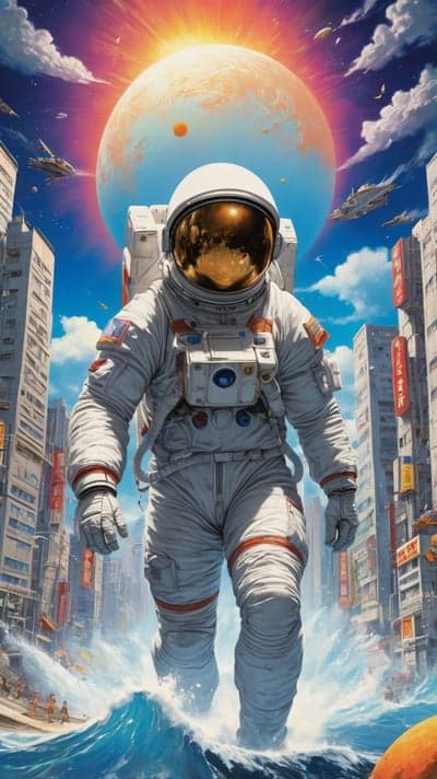 Astronaut Walks Through Futuristic City Flooded by Ocean Waves