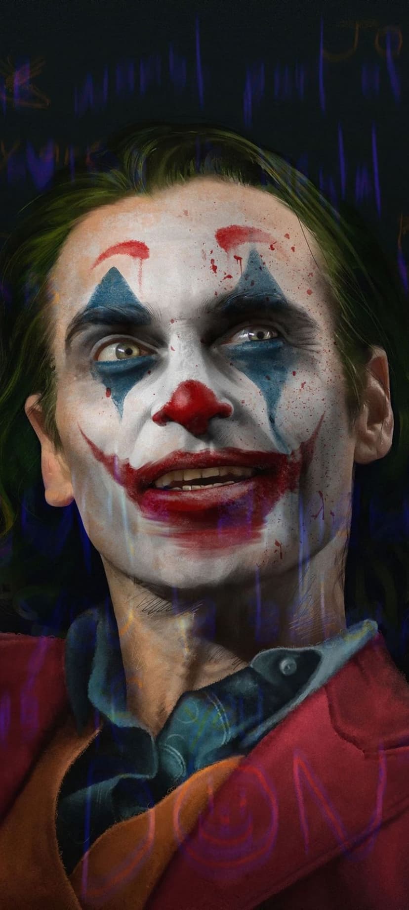 Joaquin Phoenix Joker with blue diamond eye makeup and red lipstick smiles subtly against a dark graffiti wall.