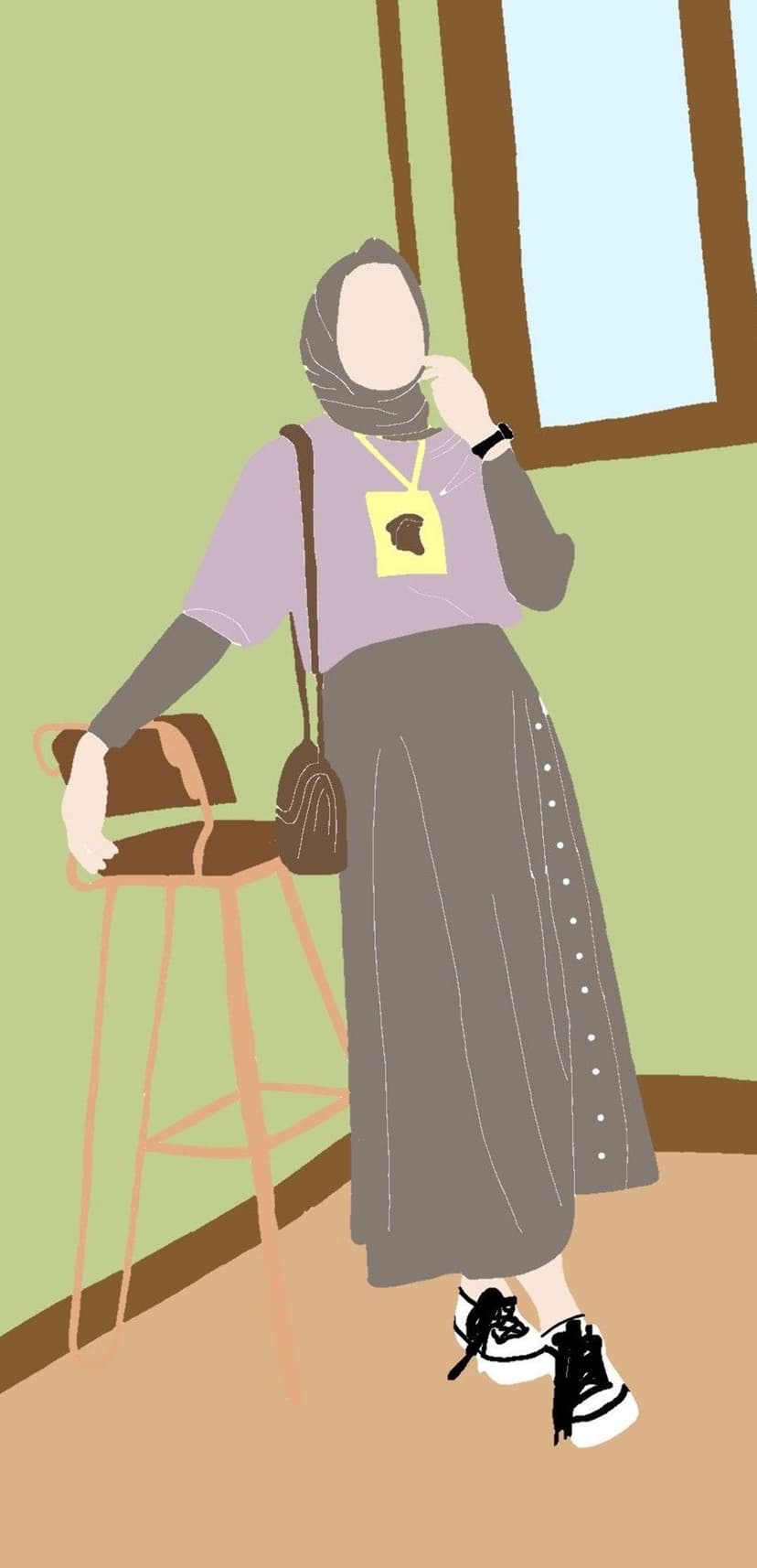 Woman in a purple hijab and grey skirt leans on a stool against a green wall near a sunlit room window.