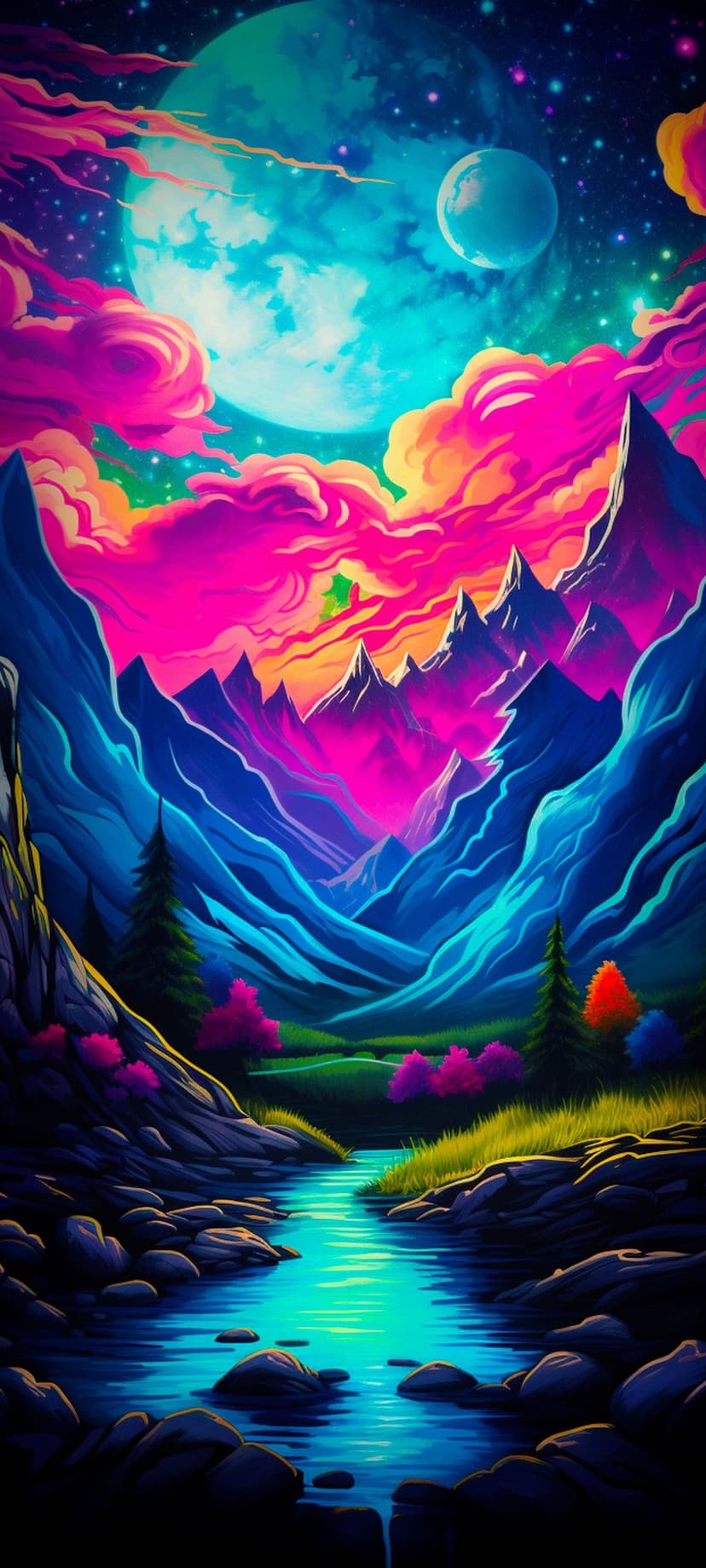 Jagged purple peaks tower over a glowing river and green valley beneath a neon sky with two moons and stars.
