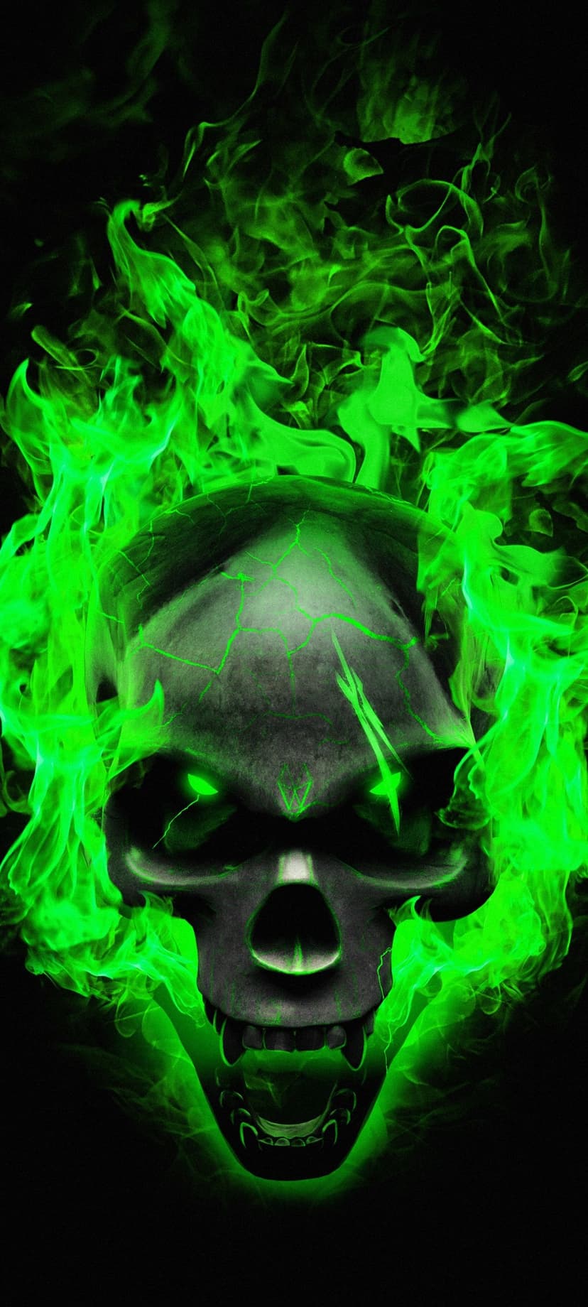 Human skull with glowing green eyes and teeth engulfed in emerald flames against a solid black background.