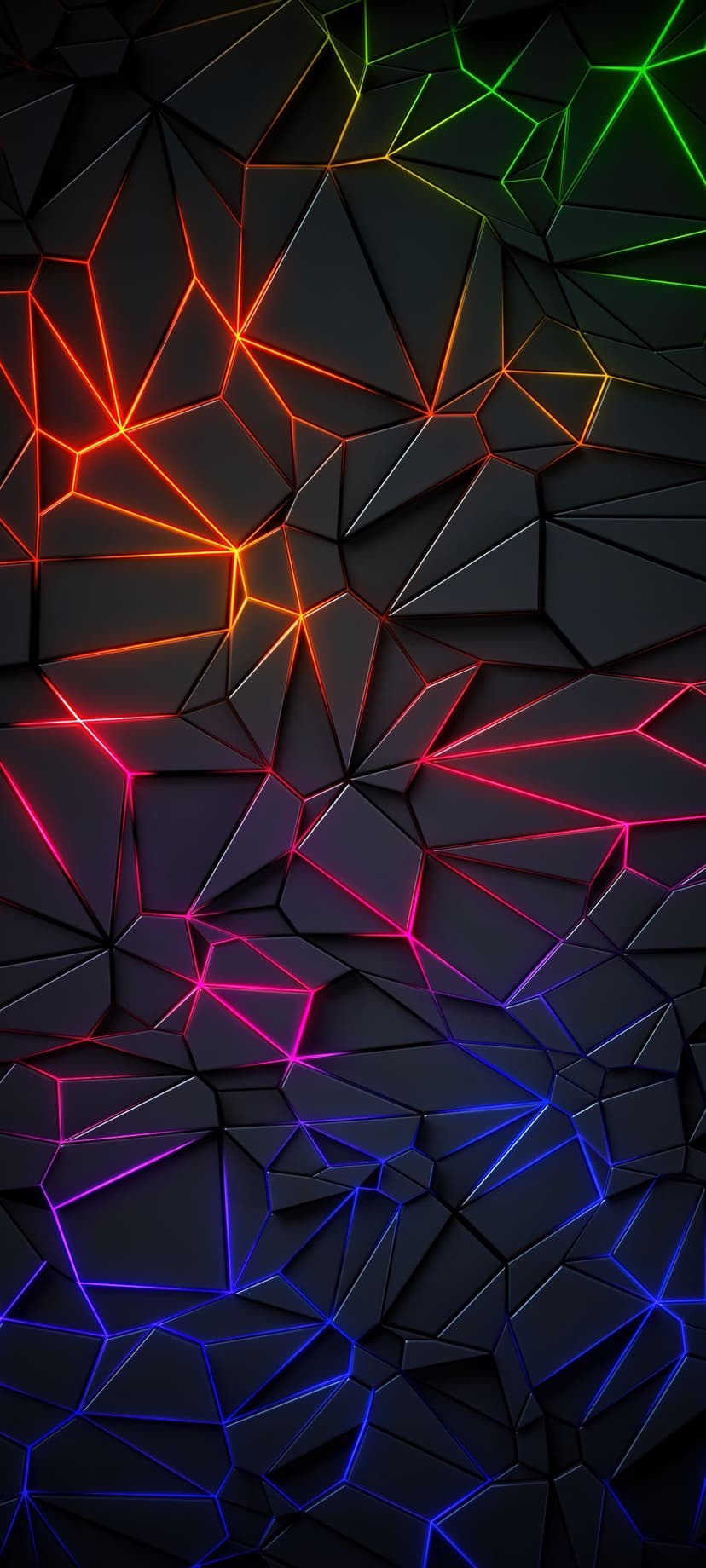 Angular black polygons with glowing red and blue neon edges form a faceted surface with deep shadows and light.