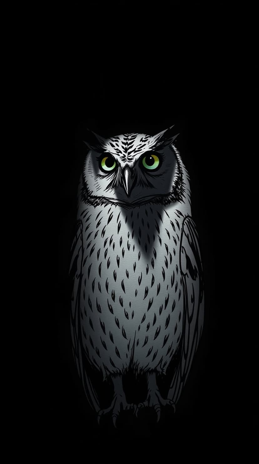 Owl with glowing green eyes and detailed grey feathers emerges from a dark, pitch-black background shadow.