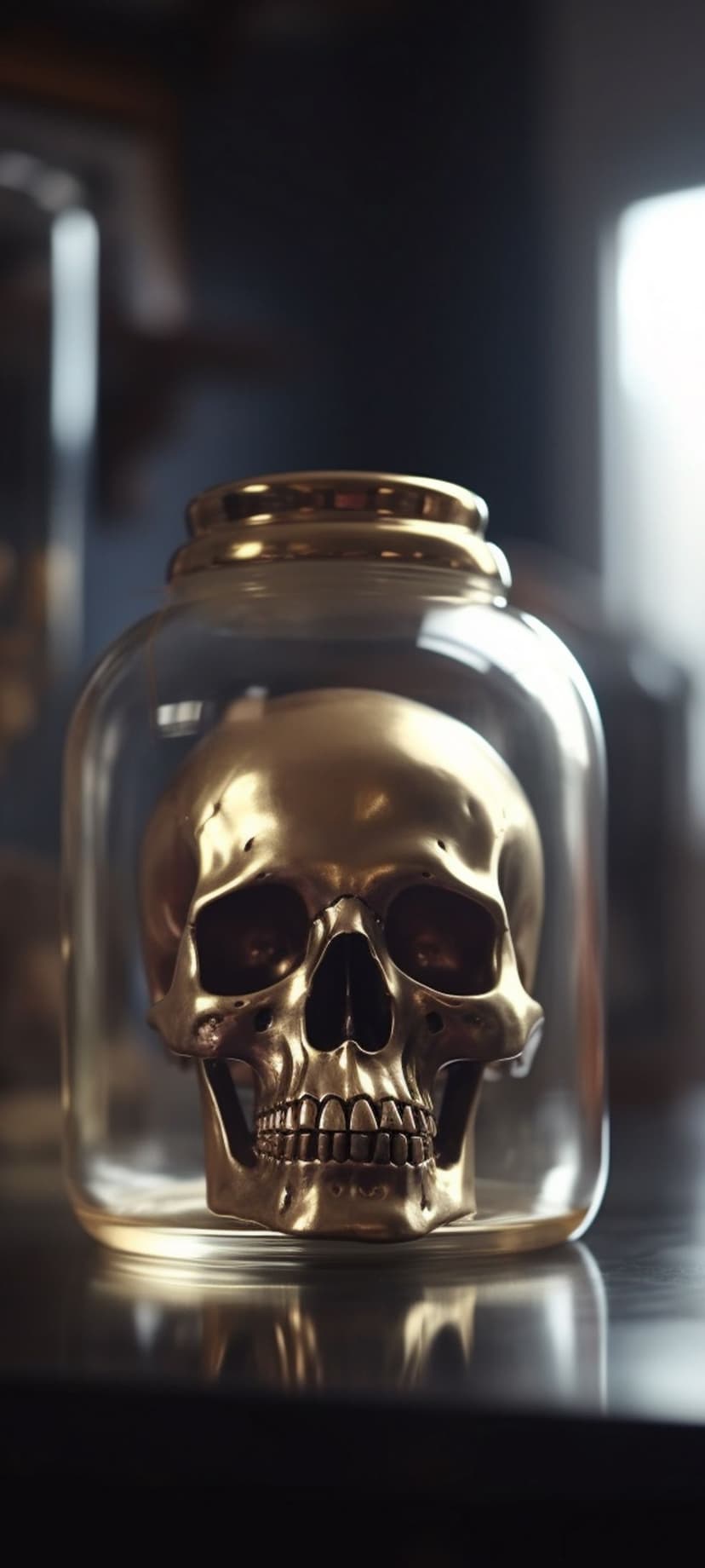 Golden skull with reflective surfaces inside a clear glass jar featuring a metallic lid and dark shadows.