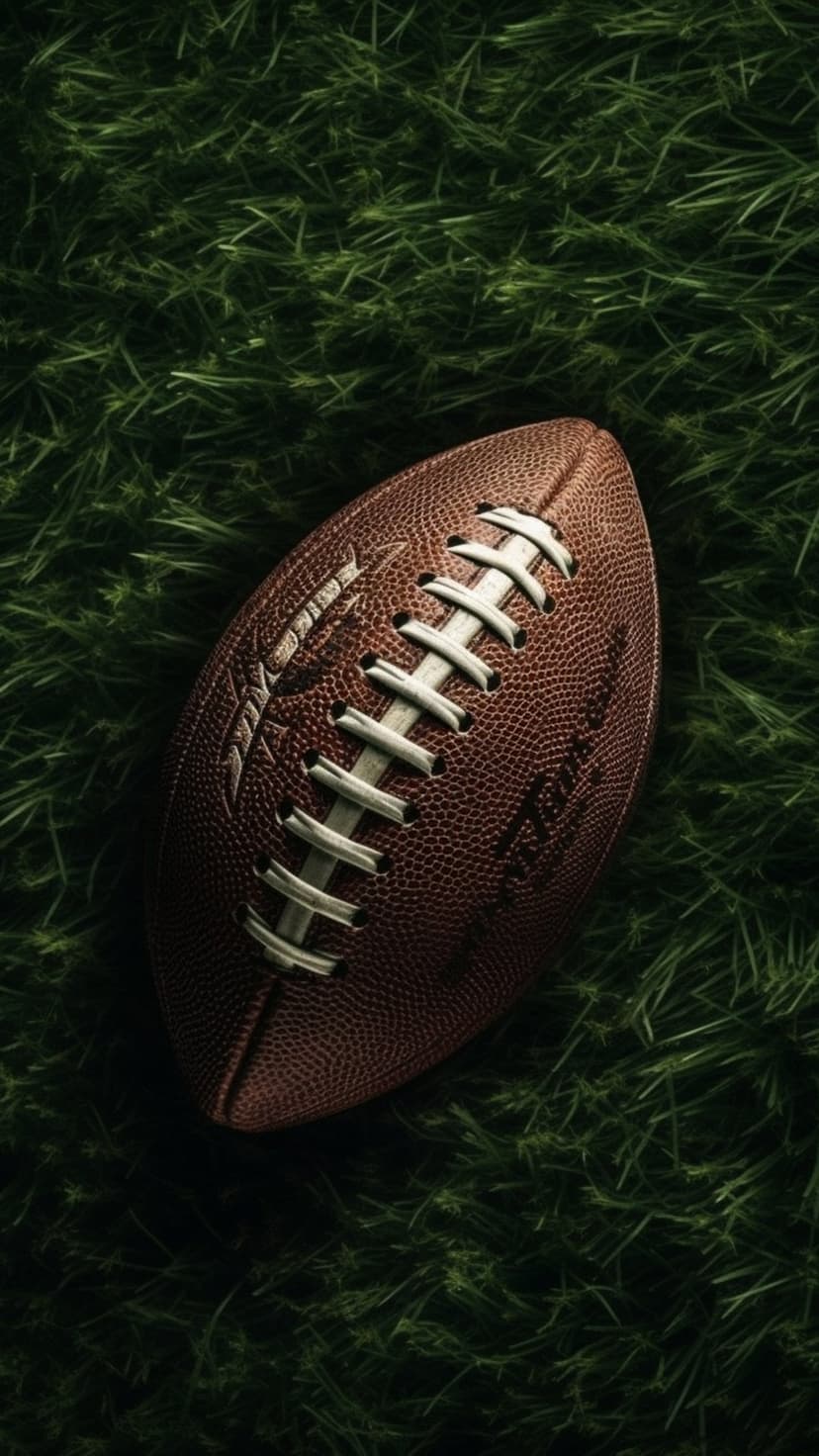 Brown leather American football with white laces sits on a lush green grass field from an overhead view.