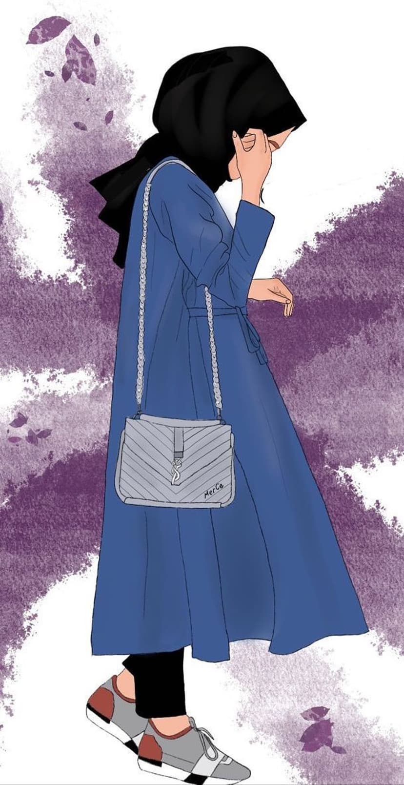 Woman in a blue abaya and black hijab wearing sneakers and holding a grey handbag against a purple background.