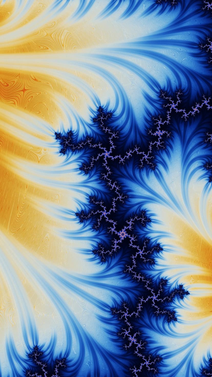 Swirling blue and gold fractal patterns intertwine with delicate violet branches and luminous amber gradients.