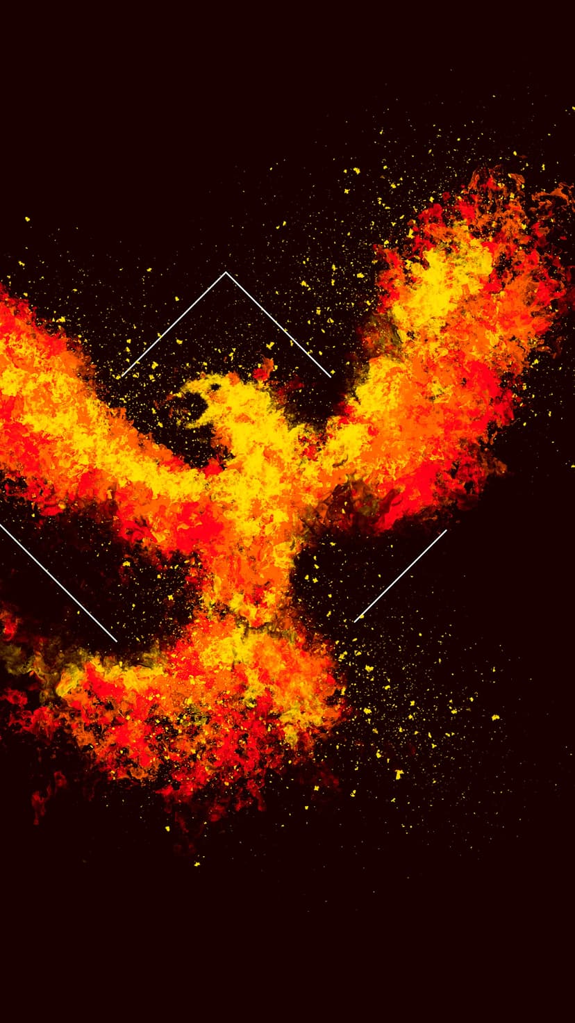 Phoenix bird rising from glowing orange flames and embers against a dark background with white geometric lines.