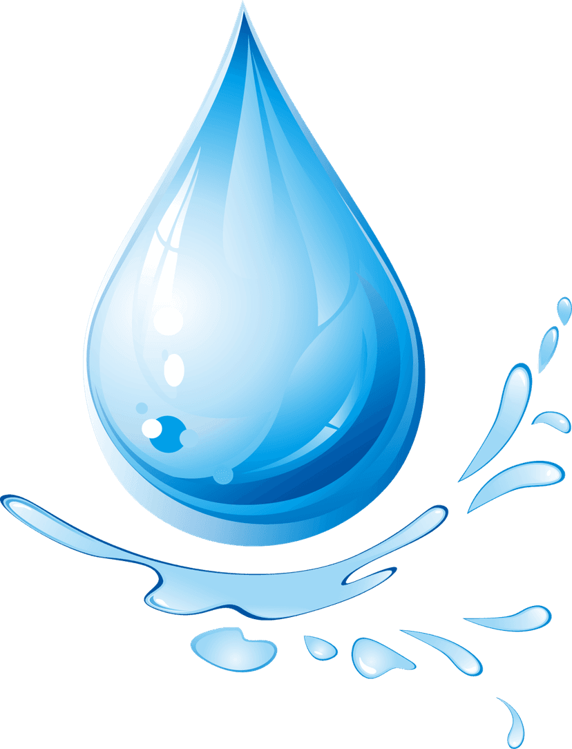 Blue water drop with glass texture and realistic liquid highlights sits against a transparent background.