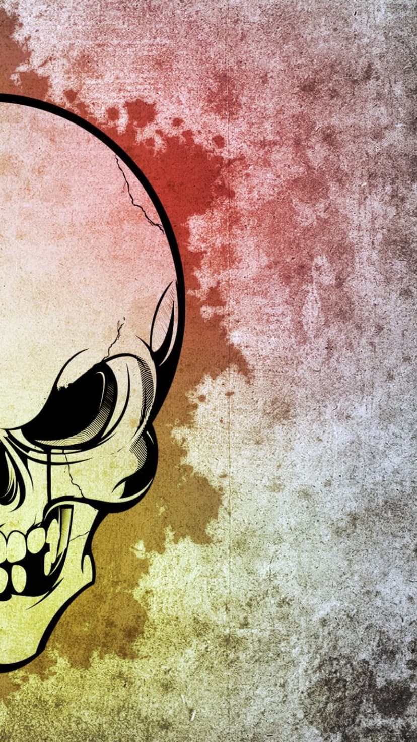 Stylized yellow skull with sharp black outlines on a distressed red and white grunge textured background.